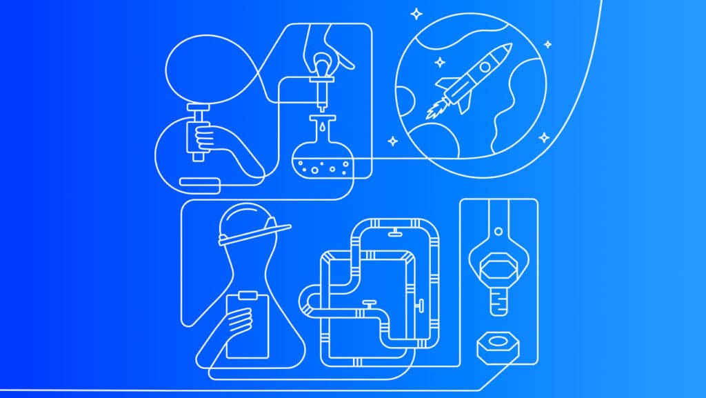 Illustration depicting industrial-related themes (e.g., pipes, construction, chemistry, space). 